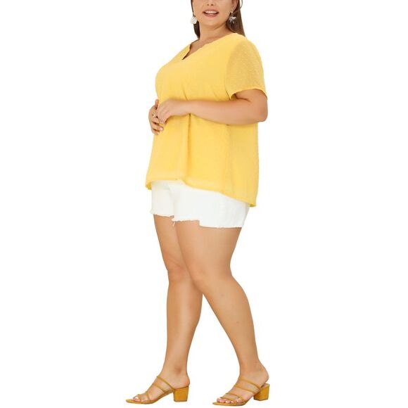 Women's Plus Size Blouses Pin Dots Round Neck Basic Top Yellow - Picture 2 of 6